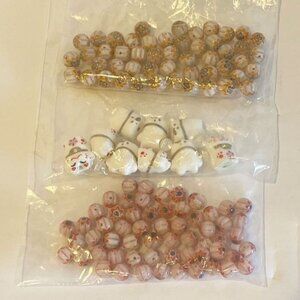 Lot Of 118 Asian-Inspired Ceramic Beads Lucky Cat Floral Designs Pink/White/Gold